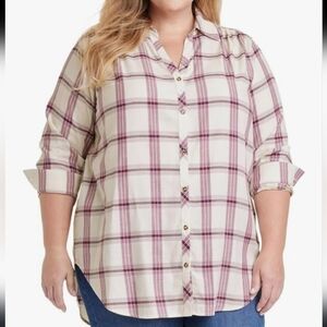 Knox Rose Cream and Pink Plaid Button-Down Shirt, 100% Cotton